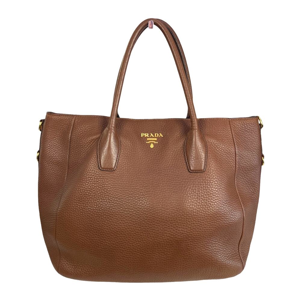 Prada Vitello Daino Cognac Brown Pebbled Leather Tote Crossbody Bag Gold Logo
